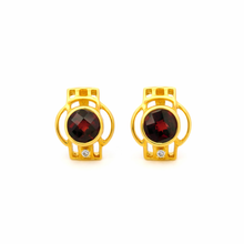 14K Yellow Gold Art Deco Stud Earrings | Natural Garnet & Diamond | Bezel-Set Two-Stone Geometric Design