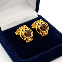 14K Yellow Gold Art Deco Stud Earrings | Natural Garnet & Diamond | Bezel-Set Two-Stone Geometric Design