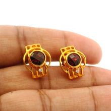 14K Yellow Gold Art Deco Stud Earrings | Natural Garnet & Diamond | Bezel-Set Two-Stone Geometric Design