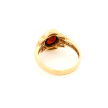 14K Yellow Gold Vintage Ring | Natural Garnet & Diamond Accent Bezel-Set | Sculptural Bypass Band Design
