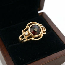 14K Yellow Gold Vintage Ring | Natural Garnet & Diamond Accent Bezel-Set | Sculptural Bypass Band Design