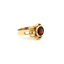 14K Yellow Gold Vintage Ring | Natural Garnet & Diamond Accent Bezel-Set | Sculptural Bypass Band Design