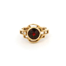 14K Yellow Gold Vintage Ring | Natural Garnet & Diamond Accent Bezel-Set | Sculptural Bypass Band Design