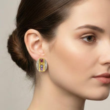 14K Yellow Gold Art Deco Stud Earrings | Natural Diamond & Multi-Sapphire | Channel-Set Geometric Design