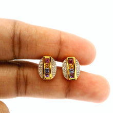 14K Yellow Gold Art Deco Stud Earrings | Natural Diamond & Multi-Sapphire | Channel-Set Geometric Design