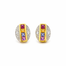 14K Yellow Gold Art Deco Stud Earrings | Natural Diamond & Multi-Sapphire | Channel-Set Geometric Design