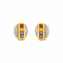 14K Yellow Gold Art Deco Stud Earrings | Natural Diamond & Multi-Sapphire | Channel-Set Geometric Design