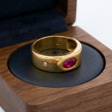 14K Yellow Gold Gypsy Ring | Natural Ruby & Diamond Accent | Flush-Set Vintage Band | Classic Statement Design