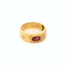 14K Yellow Gold Gypsy Ring | Natural Ruby & Diamond Accent | Flush-Set Vintage Band | Classic Statement Design