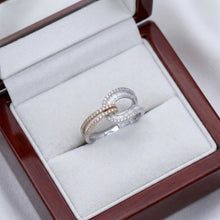 18K White & Rose Gold Infinity Knot Promise Ring | Natural Diamond Round Pavé & Baguette Channel Design