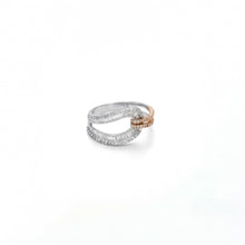 18K White & Rose Gold Infinity Knot Promise Ring | Natural Diamond Round Pavé & Baguette Channel Design