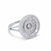 18K White Gold Spiral Halo Statement Ring | Natural Diamond Baguette & Round Pavé Design | Bold Contemporary