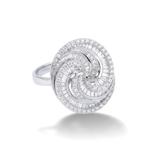 18K White Gold Spiral Cocktail Statement Ring | Natural Diamond Baguette & Round Swirl Design | Bold Luxury Gift