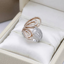 18K White & Rose Gold Tri-Leaf Swirl Statement Ring | Natural Diamond | Openwork Butterfly-Inspired Design