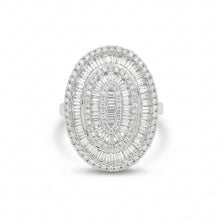 18K White Gold Oval Cocktail Statement Ring | Natural Diamond Baguette & Pavé Halo Design | Bold Luxury Jewelry