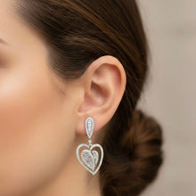 18K White Gold Dangle Earrings | Double Heart Natural Diamond | Romantic Statement Jewelry