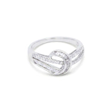 18K White Gold Knot Buckle Statement Ring | Natural Diamond Baguette & Pavé Crisscross Swirl Design