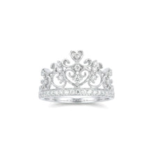 18K White Gold Crown Tiara Ring | Natural Diamond Heart Scroll Shared-Prong Design | Princess-Inspired Jewelry