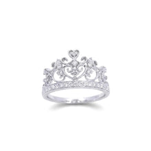 18K White Gold Crown Tiara Ring | Natural Diamond Heart Scroll Shared-Prong Design | Princess-Inspired Jewelry