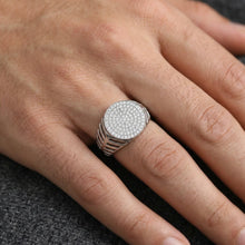 18K White Gold Pavé Signet Ring | Natural Diamond Round Face | Grooved Shoulders | Heritage Unisex Statement Band