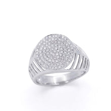 18K White Gold Pavé Signet Ring | Natural Diamond Round Face | Grooved Shoulders | Heritage Unisex Statement Band