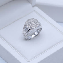 18K White Gold Pavé Signet Ring | Natural Diamond Round Face | Grooved Shoulders | Heritage Unisex Statement Band