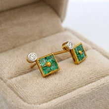 18K Yellow Gold Stud Earrings | Natural Emerald & Diamond | Contemporary Geometric Square Cluster Jewelry