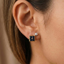 18K Yellow Gold Natural Sapphire & Diamond Stud Earrings | Contemporary Square Block Cluster Jewelry