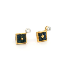 18K Yellow Gold Natural Sapphire & Diamond Stud Earrings | Contemporary Square Block Cluster Jewelry