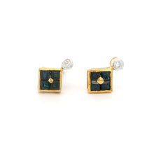 18K Yellow Gold Natural Sapphire & Diamond Stud Earrings | Contemporary Square Block Cluster Jewelry