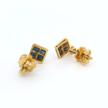 18K Yellow Gold Natural Sapphire & Diamond Stud Earrings | Contemporary Square Block Cluster Jewelry