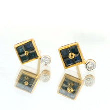 18K Yellow Gold Natural Sapphire & Diamond Stud Earrings | Contemporary Square Block Cluster Jewelry