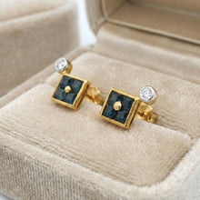 18K Yellow Gold Natural Sapphire & Diamond Stud Earrings | Contemporary Square Block Cluster Jewelry