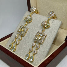 18K Yellow Gold Natural Diamond & Aquamarine Drop Earrings | Antique-Style Two-Tone Royal Statement