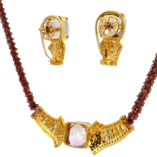 18K Yellow Gold | Natural Diamond Sapphire Ametrine & Garnet Necklace & Earrings Set | Geometric Cluster Jewelry