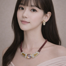 18K Yellow Gold | Natural Diamond Sapphire Ametrine & Garnet Necklace & Earrings Set | Geometric Cluster Jewelry