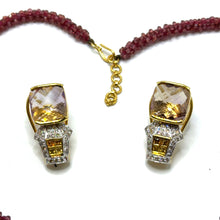 18K Yellow Gold | Natural Diamond Sapphire Ametrine & Garnet Necklace & Earrings Set | Geometric Cluster Jewelry