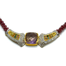 18K Yellow Gold | Natural Diamond Sapphire Ametrine & Garnet Necklace & Earrings Set | Geometric Cluster Jewelry