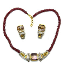 18K Yellow Gold | Natural Diamond Sapphire Ametrine & Garnet Necklace & Earrings Set | Geometric Cluster Jewelry