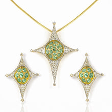 18K Yellow Gold Natural Diamond & Paraiba Tourmaline Starburst Pendant & Earrings Set | Compass Motif Jewelry