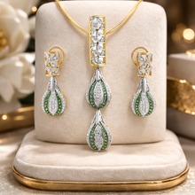 18K Yellow Gold Natural Diamond & Tsavorite Pendant and Earrings Set | Polki Teardrop Statement Fine Jewelry
