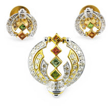 18K Yellow Gold | Natural Diamond & Tourmaline Pendant & Earrings Set | Princess Cut Geometric Statement Jewelry