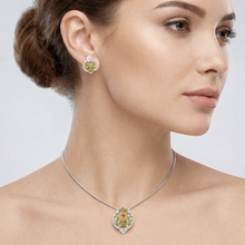 18K Yellow Gold | Natural Diamond & Tourmaline Pendant & Earrings Set | Princess Cut Geometric Statement Jewelry