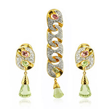 18K Yellow Gold | Natural Diamond & Mixed Semiprecious Gemstone Link Motif Pendant & Drop Earrings Set