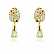 18K Yellow Gold | Natural Diamond & Mixed Semiprecious Gemstone Link Motif Pendant & Drop Earrings Set