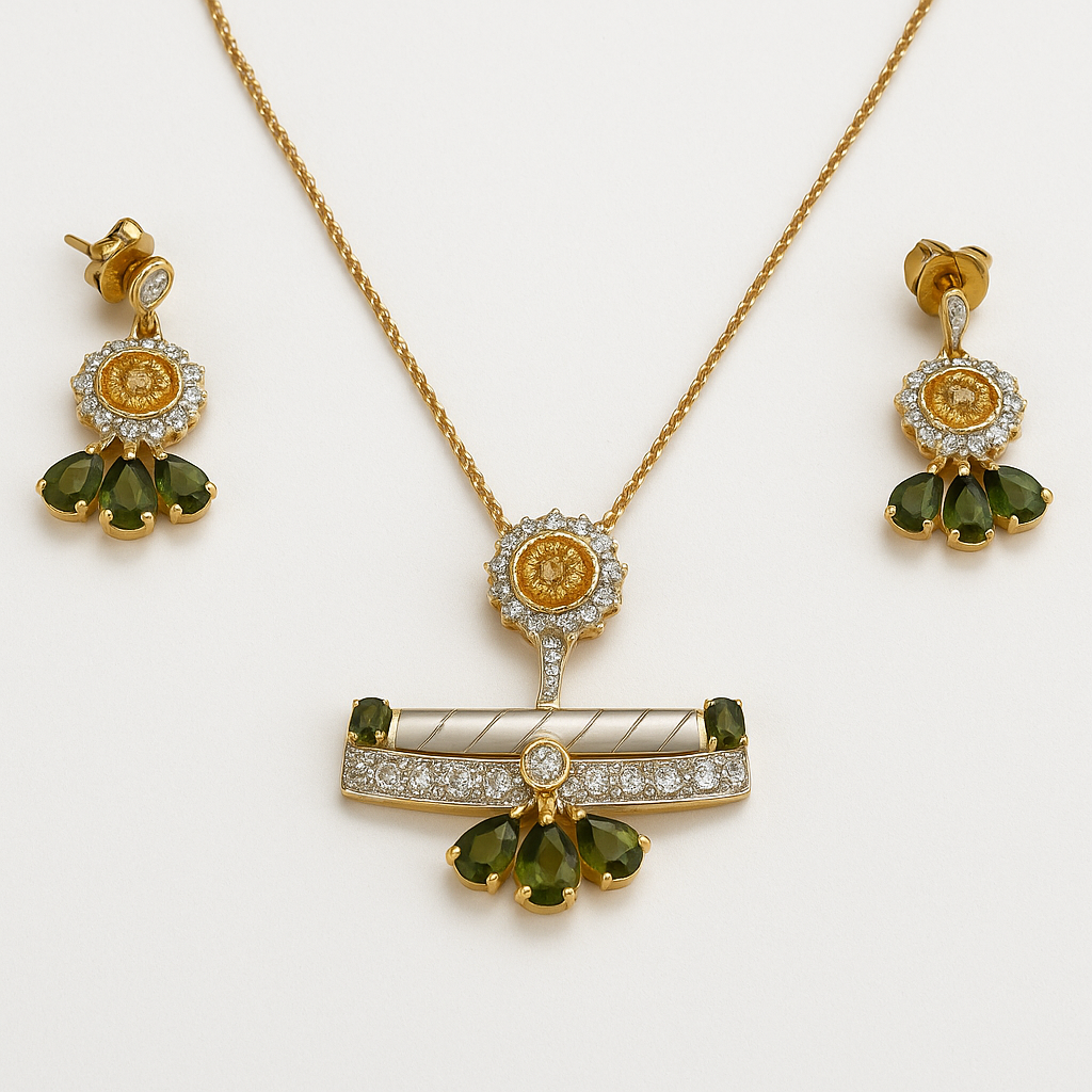 18K Yellow Gold Pendant Earring with Diamond & Green Tourmaline Natural Forest Floral Jewellery Set