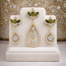 18K Yellow Gold | Natural Diamond & Tourmaline Pendant & Earrings Set | Floral Marquise Statement Jewelry