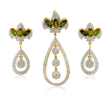 18K Yellow Gold | Natural Diamond & Tourmaline Pendant & Earrings Set | Floral Marquise Statement Jewelry