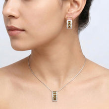 18K Yellow Gold Natural Diamond & Tourmaline Necklace & Earrings Set | Pavé Halo Geometric Rectangular Jewelry
