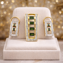 18K Yellow Gold Natural Diamond & Tourmaline Necklace & Earrings Set | Pavé Halo Geometric Rectangular Jewelry